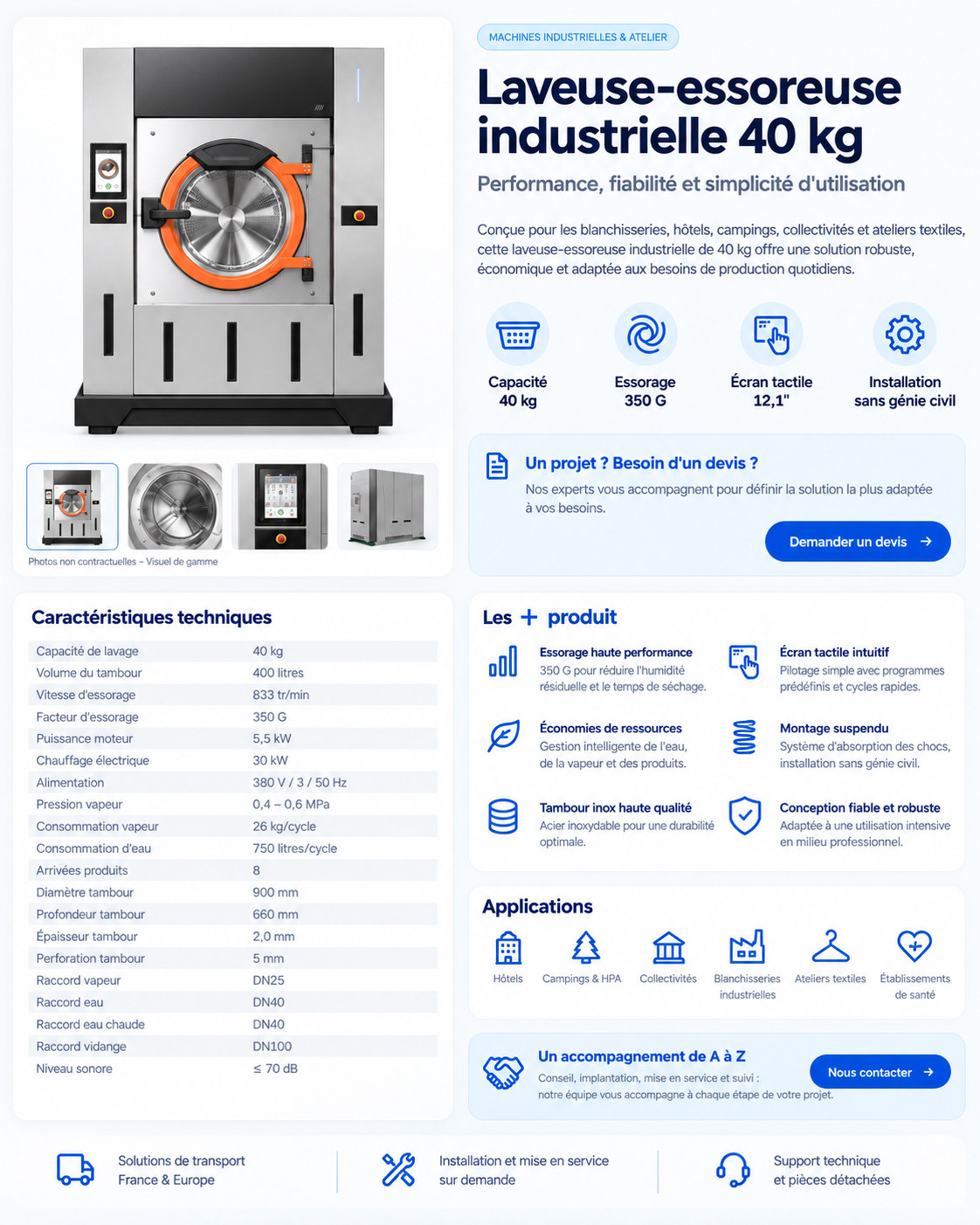 Laveuse-essoreuse industrielle 40 kg – 350 G – Écran tactile